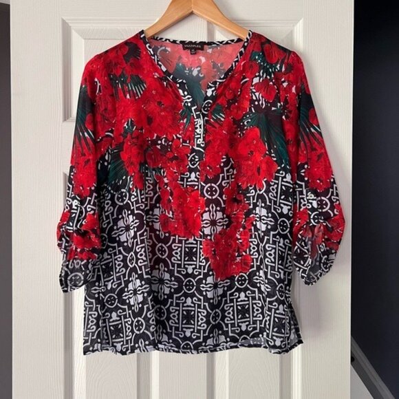 Multiples Red Floral Geometric Print Blouse 3/4 Sleeve Women’s PS - Picture 1 of 5